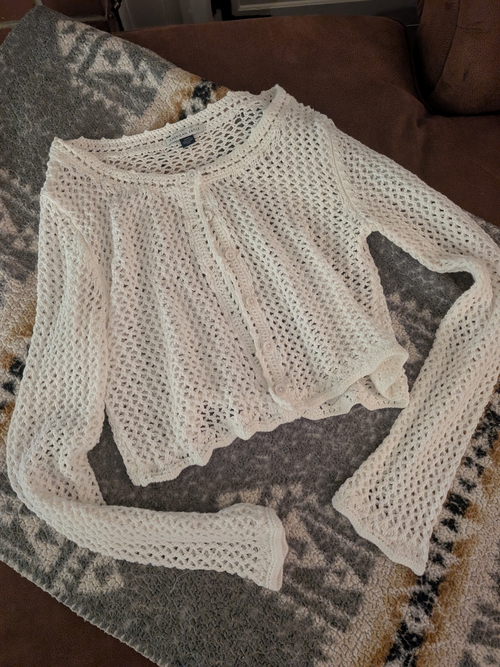 Lightweight White Crochet Button-Front Sweater Cardigan